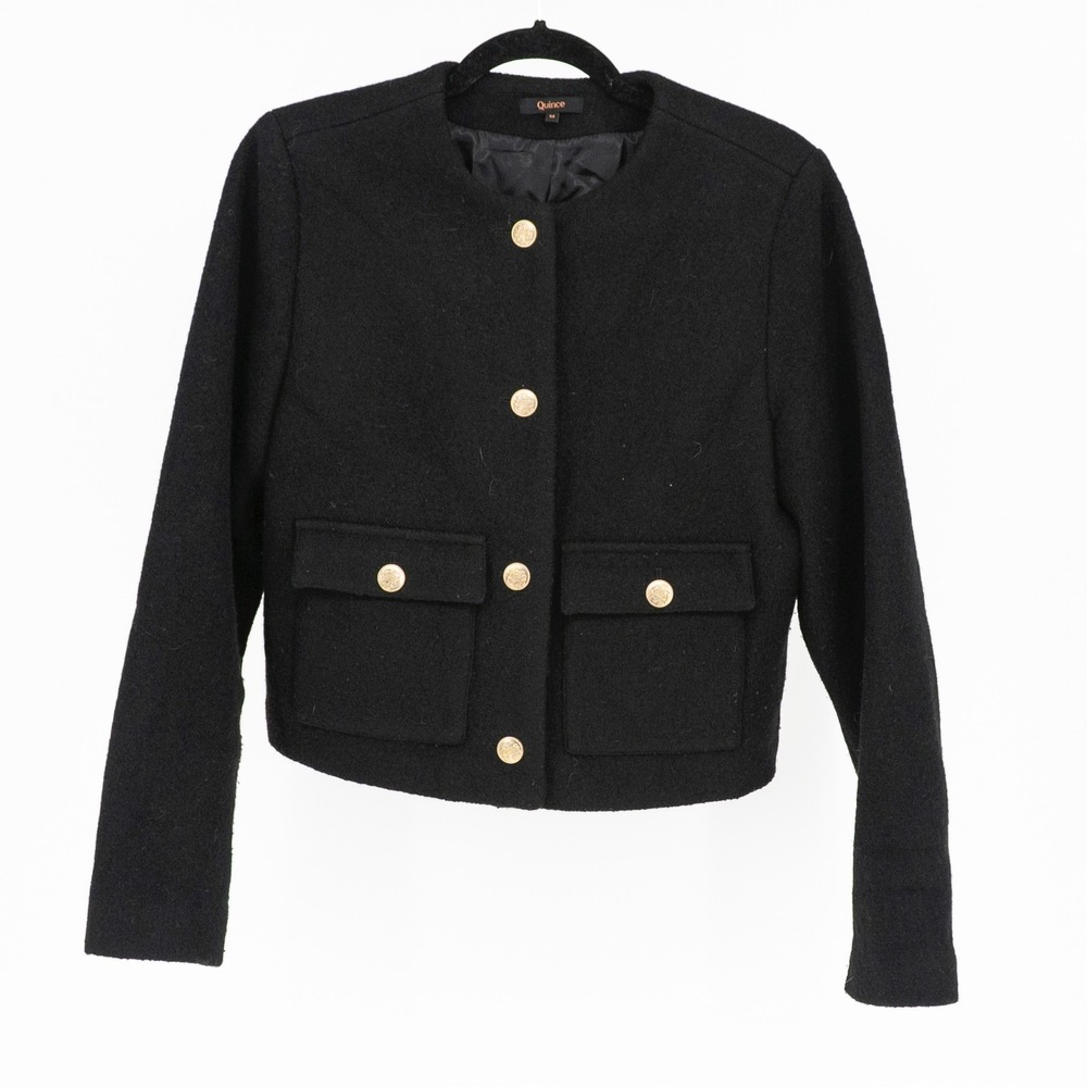 Quince 100% Merino Wool Collarless Cropped Button Front Structured Jacket Black